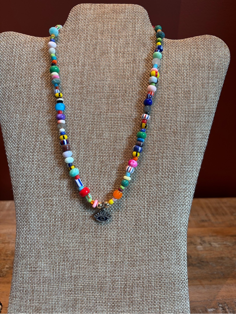 Multicolor Beaded Necklace with Pave Diamond Evil Eye Charm